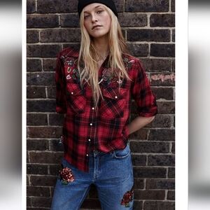 Zara Checked Button Down Shirt with Bejeweled Appliqué Size M